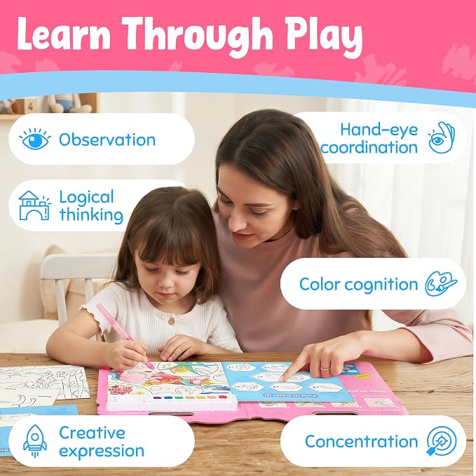 JoyCat Find & Color Paint with Water Coloring Books for Toddlers | Seek and Find Learning Activity, Magical Pony No Mess Arts & Crafts Kids Toys Ages 3-5 & 4-8, Birthday Gifts for Boys & Girls