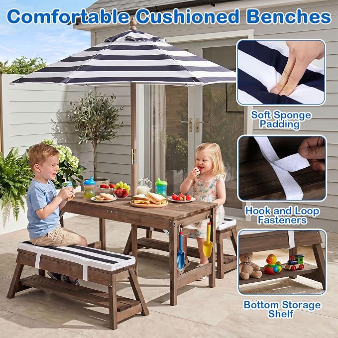 Costzon 4-in-1 Kids Picnic Table with Umbrella, Sand & Water Sensory Bins | Wooden Toddler Outdoor Table with Benches, Cushions, Cover, Gardening Tools, Kids Outdoor Furniture for Patio Backyard