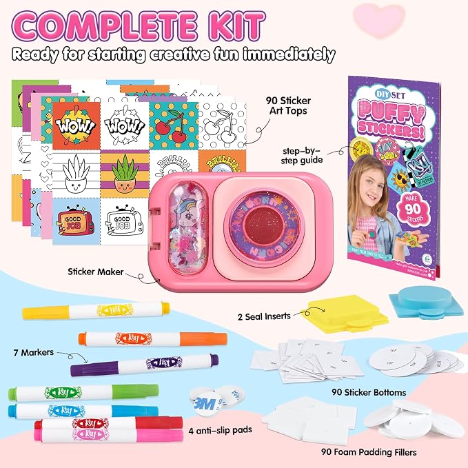 Puffy Sticker Maker Machine for Kids Ages 6-10, 90-Piece 3D Craft Kit | Make Your Own Puffy 3D Stickers in 3 Easy Steps—90 Designs, Unicorn Press Machine, Screen-Free Craft Kit for Boys & Girls