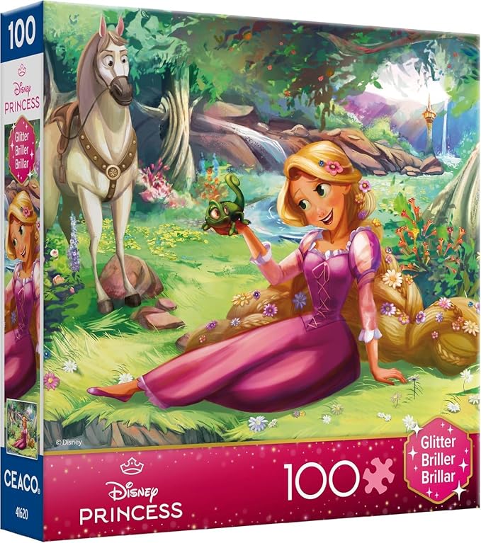 Ceaco - Disney Rapunzel and Pascal - 100 Piece Puzzle for Kids Ages 6-8 | Officially Licensed, Glitter Accents, Made in USA, Finished Size 24 x 18 in, Kids' Favorite Characters, Giftable