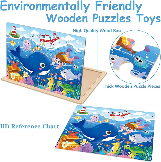 Wooden Puzzles Dinosaur Toys for Kids Ages 3-5, 4 Pack 24 Pieces | Wooden Jigsaw Puzzles Preschool Educational Learning Toys Gifts for 3 4 5 6 Year Old Boys and Girls