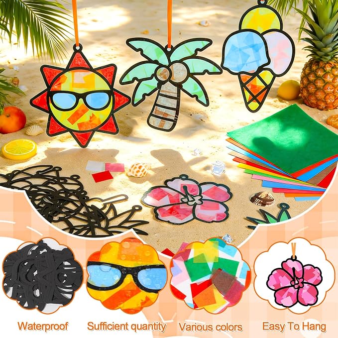 Qyeahkj 36 Sets Summer Suncatchers Crafts for DIY Summer Beach Fruit Tissue Paper Craft Kit Hawaiian Tropical Stained Glass Effect Window Ornaments Decoration for Home Art Project Party Favor Gift