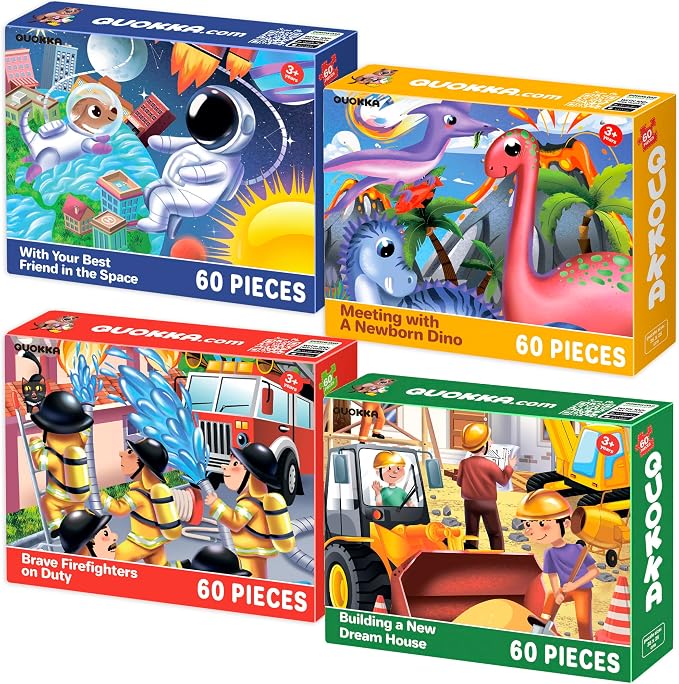 60 Piece Puzzles for Kids Ages 4-6 - 4 Jigsaw Toddlers Puzzles Ages 3-5 | Space, Dino, Firefighters Puzzles for Children Ages 6-8 - Educational Gift Game for Boys and Girls