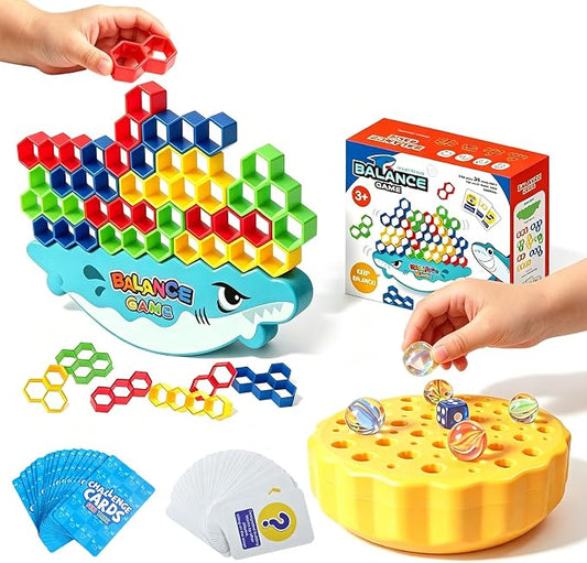 3-in-1 Balance Game, Stacking & Marble Game for Kids | 3 games in 1—stack blocks, solve challenge cards, and balance marbles while building STEM skills through fun family play.