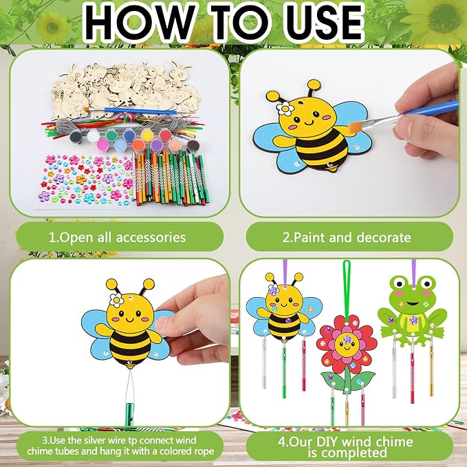 JellyArch 30 Pcs Wind Chime Craft Kit, DIY Wooden Insect with Paint | Paint Brushes Stickers, Kids Adults Summer Party, Ocean Beach Decor, Bulk Church Windows, Bee Ladybug Butterfly Designs