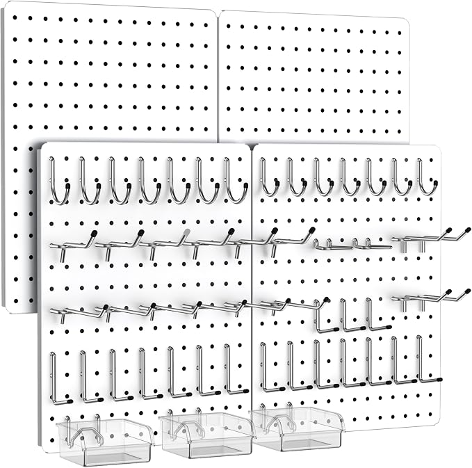 Peg Board, 110pcs Metal Pegboard Kit, Includes 4 Pack White Peg Board Panels with Accessories and Hook Locks, Large Heavy Duty Peg Boards for Walls Home, Garage Tool Storage, Workbench