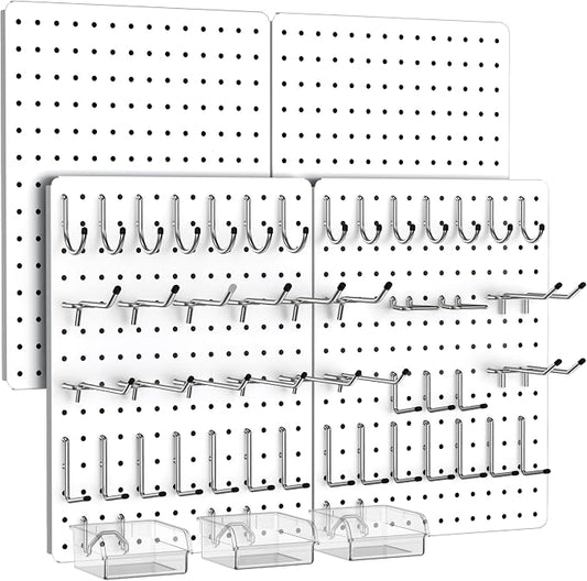 Peg Board, 110pcs Metal Pegboard Kit, Includes 4 Pack White Peg Board Panels with Accessories and Hook Locks, Large Heavy Duty Peg Boards for Walls Home, Garage Tool Storage, Workbench