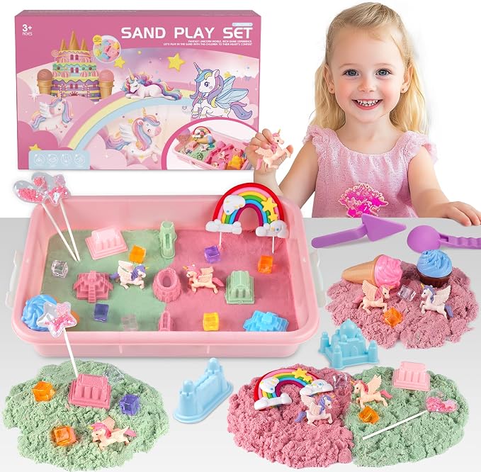 Aliex Unicorn Sensory Sand Bin for Girls, Complete Moldable Play Sand Kit | 2.2lbs colorful magic sand, castle ice cream molds, tools for creative play, sandbox with lid, birthday gifts for toddler 3-8