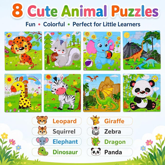 NASHRIO Wooden Puzzles for Toddlers Age 3-5, 8 Pack Animal and Dinosaur Jigsaw Puzzles, Preschool Educational Toys, Wooden Puzzle Set for Boys Girls Kids Age 3 4 5