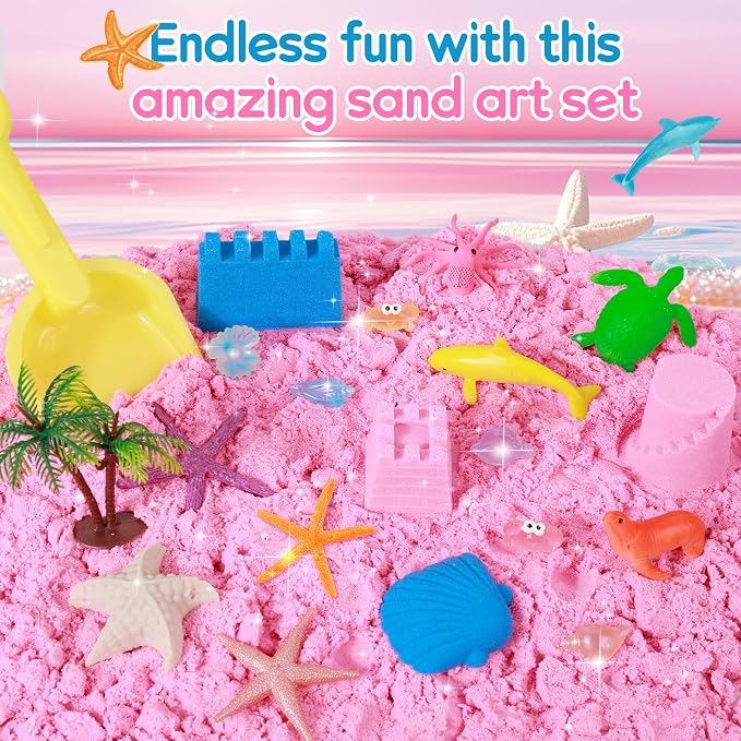 Mikiwon Ocean Sensory Bin, Sandbox Play Sand Art Kit with 1.65lbs Play Sand, Sea Animal Toys Molds, Sensory Play for Girls Boys Age 3 4 5 6 7 8, Beach Toys for Kids Xmas Birthday Gifts