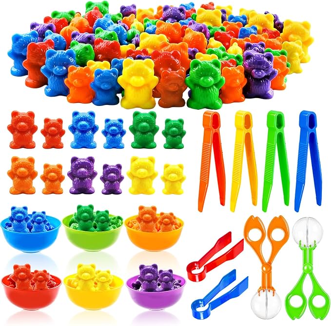 Bbiamsleep Rainbow Counting Bears, 105 Pcs Sorting Bears with Matching Cups | Color Sorting Bear Counters Fine Motor Skills Sensory Bin Tools Light Table Manipulatives for Sorting Counting Training
