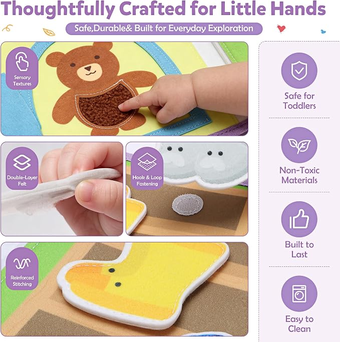 Busy Book for Toddlers 1-3,Montessori Daily Life Felt Activity Book | Practice dressing, eating, hand washing, brushing teeth, bath time and bedtime through 8 interactive felt activities.