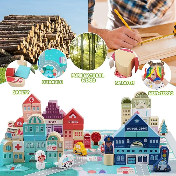 Wooden Building Blocks for Toddlers, Kids City Construction Stacking Creative Toys, Preschool Learning Education Block for Boys Girls Ages 2 3 4 5 (120 pcs)
