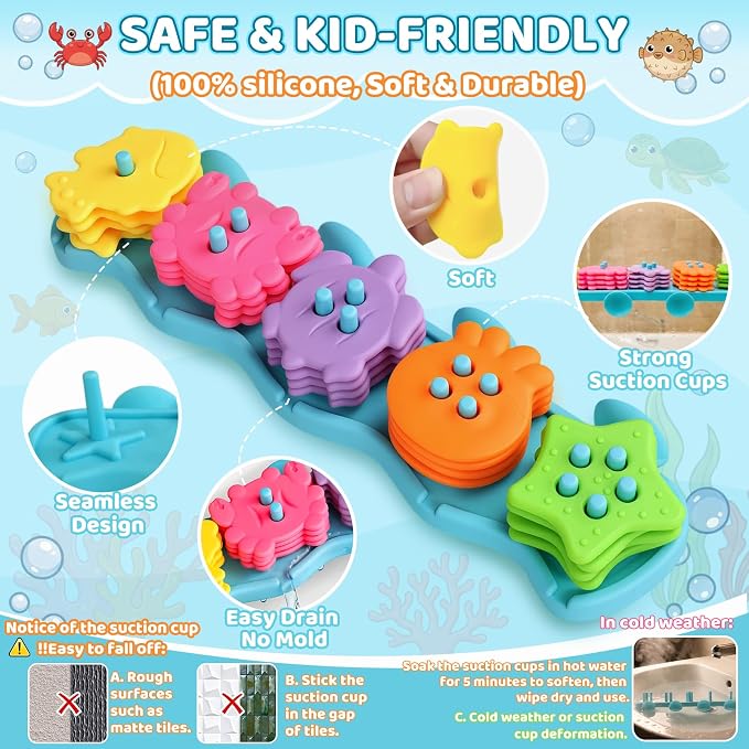 Mold Free Bath Toys for Kids Ages 1-3 Silicone Ocean Shape Sorters Toy | 21 Color Floats Sorting Stacking Bath Toys Toddlers 2-4 Early Learning Baby Shower Gifts for 1 2 3 4 Year Old Girls & Boys