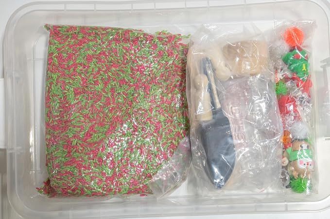 Christmas Sensory Bin Kit for Kids | Christmas Theme Red & Green Rice, Xmas Accessories, Santa Claus & Wooden Tools – Includes Clear Storage Bin