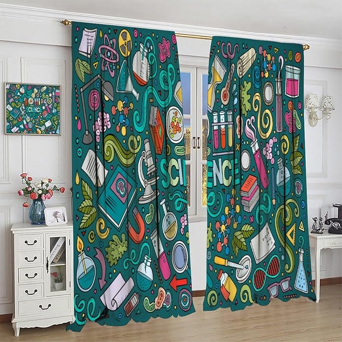 Science Symbols Kids Curtain Sketches Cartoon Chemistry Physics Geometry Education Pattern Print Window Drapes for Bedroom Living Room Kitchen Decor,2 Panel Set,55x63 Inch Blackout