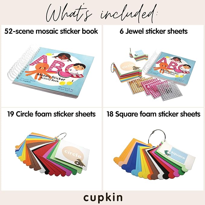 Cupkin Mosaic Sticker Art | ABC Activity Book, 52 Pages, 3000+ Stickers | Kids craft kit with number-guided letter designs, jewel and foam pieces, and a portable format for boys and girls on the go