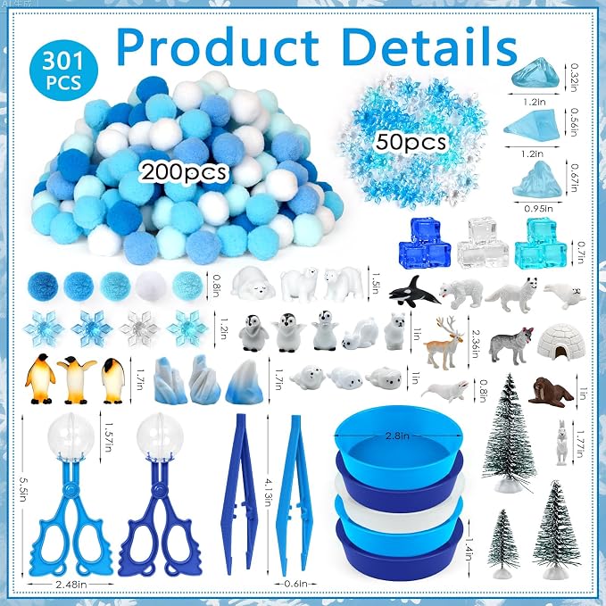 301 Pcs Winter Sensory Bin Filler Winter Arctic Animals Counting Sorting Sensory Bin Items Fine Motor Arctic Habitat Counts for Easter Day Spring Summer Counting Decor