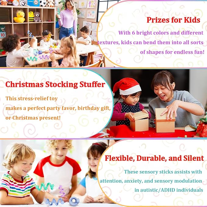 Tendry Sensory Sticks Fidget Toys for Adults & Kids, 6PCS Textured Anxiety Relief Items for Autism ADHD, Silicone Fidgets for Classroom Calm Down Corner Supplies （3 Yeas+）