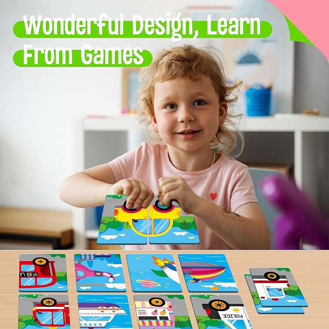 SpriteGru Vehicle Memory Game, 28 Chunky Cards Transportation Theme Head Tail Matching Game 1-5 Players Land/Water/Air Vehicles Memory Matching Game for Preschoolers, Toddlers, Kids