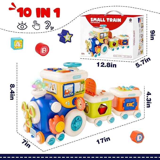 Montessori Educational Toys,busy cube train 10 in 1 baby toys for 12+ month | Toddler Developmental Toy with Lights and Sounds, Activity Cube Train Toy, Birthday Gift for 1 2 3 Years Old Boys Girls