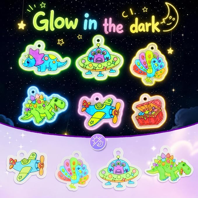 Funtopia 185pcs Shrinking Craft Kit for Kids, Glow in the Dark Keychain Kit | 75 Pre Cut Shrink Paper, Arts and Crafts for Kids Girl Ages 4 6 8 10 12, DIY Shrink Art Plastic Sheets with Charms, 12 Themes