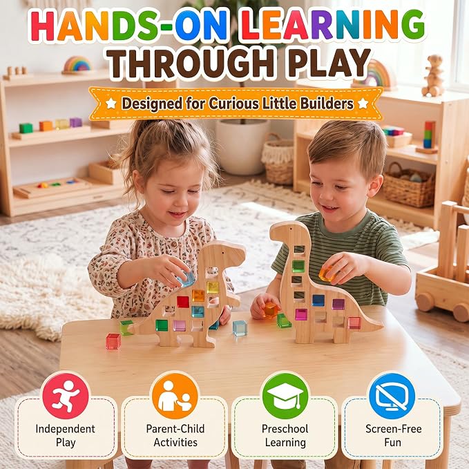 Soulchen Kids Wooden Building Block Set, 20 Rainbow Gem Cube Stacking Blocks - 2 Dinosaur Skeletons, Montessori Toddler Stacking Toy, Learning Educational Toy Sensory Gift for Boys Girls