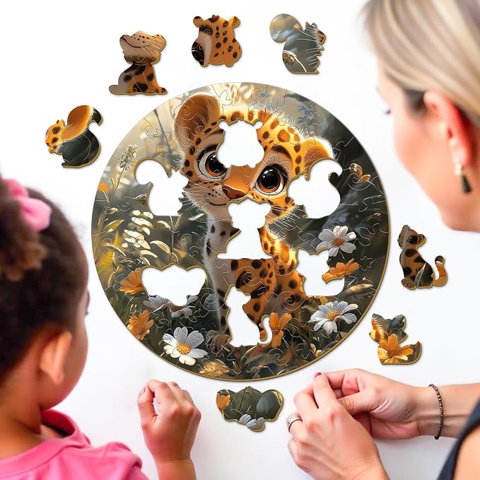 Animal Wooden Puzzles for Kids - Cute Cheetah | 50 Piece Puzzles for Kids Ages 6-8, Kids Puzzles with Unique Animal Shapes, Round Gift for Girls and Boys (11.4 * 11.4 in)