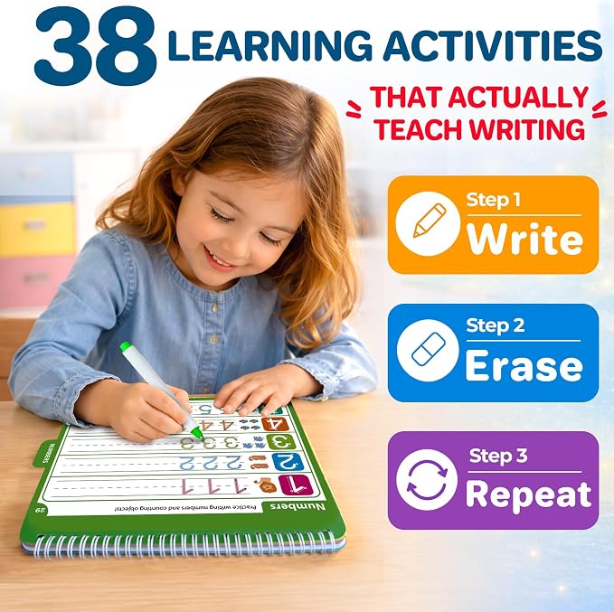 Tracing Books for Kids Ages 3-5 - Reusable Dry Erase Kids Activity Books | Writing Practice Workbook with Markers for Quiet Time Travel and Learning