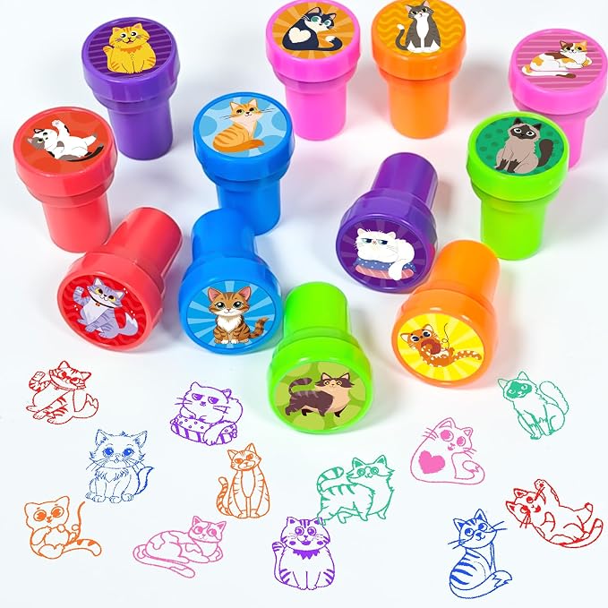 Cinrobiye 24 Pcs Cat Stampers Party Favor Set, Cute Kitty Stamps for Kids Birthday Party, Classroom Rewards, Carnival Prizes, Goody Bag Fillers, Cat Lover Party Supplies