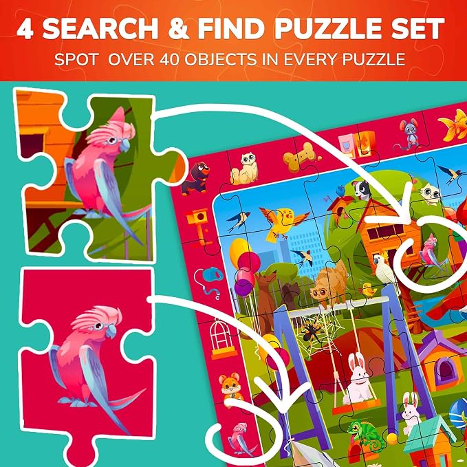 60 Piece Puzzles for Kids Ages 4-6 - 4-Pack Toddler Jigsaw Puzzles Ages 3-5 | Search and Find Animals Jigsaw Puzzle Ages 6-8 - Learning Toys - Educational Games Gift for Boys and Girls