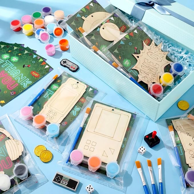 Saypacck 24 Pcs Video Game Party Favors Wooden Paint Craft Kits | DIY Craft for Kids Adults, Includes Brushes Paints Bags, Goodie Bag Fillers, Thank You Gifts, 8 Gaming Controller Designs