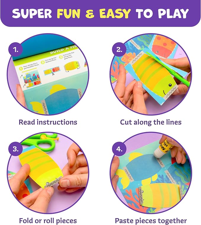 Snip & Shape Scissor Skills Activity Book with Toddler & Kids Scissors 3-5 | 30 cutting crafts for fine motor skills, 2x childrens safety scissors, kindergarten & preschool learning activity workbook