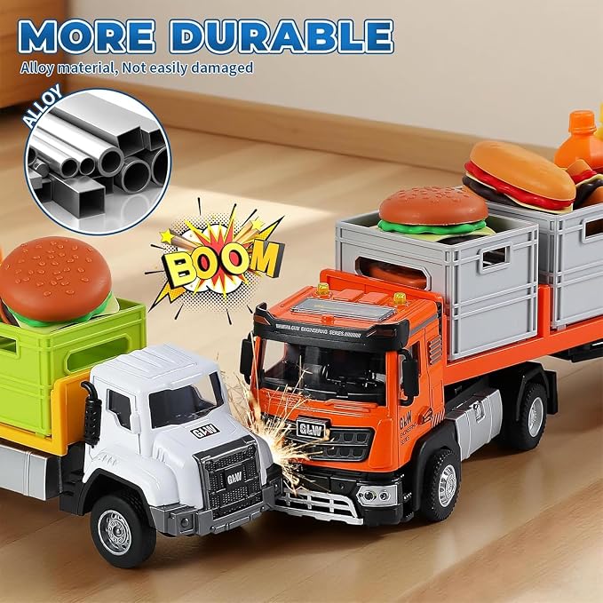 Food Transport Truck Toy for Age 3-8 Kids – Alloy Vehicles Head 1:40 Goods Trailer with Cargo Box and Food Model, Lights & Sounds (Large Transport Truck Green)