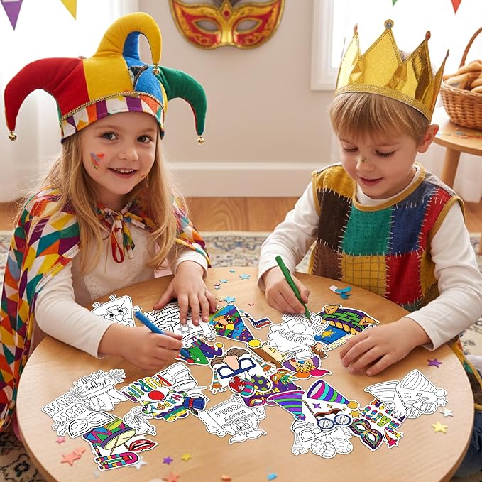 Purim Coloring Craft Kit - 30Pcs Happy Purim Color Your Own Magnets for Kids Blank DIY Coloring Fridge Magnets for Jewish Purim Carnival Holiday Party Supplies School Classroom Activities Decor