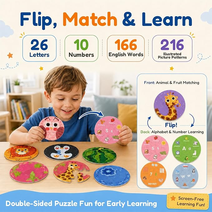 Round Matching Puzzle for Kids Ages 3+, Double Sided ABC Alphabet and Number Paper Jigsaw Game, Preschool Learning Toy for Focus