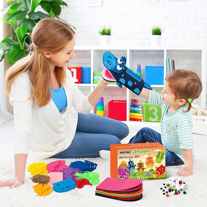 WATINC Hand Puppet Making Kit, Felt Sock Puppet Toys for Kids (Dinosaurs A) | 6 Styles, Make Your Own Storytelling & Role Play Crafts, Creative Group Activity, Party Favors & Gifts for Kids Ages 4-8