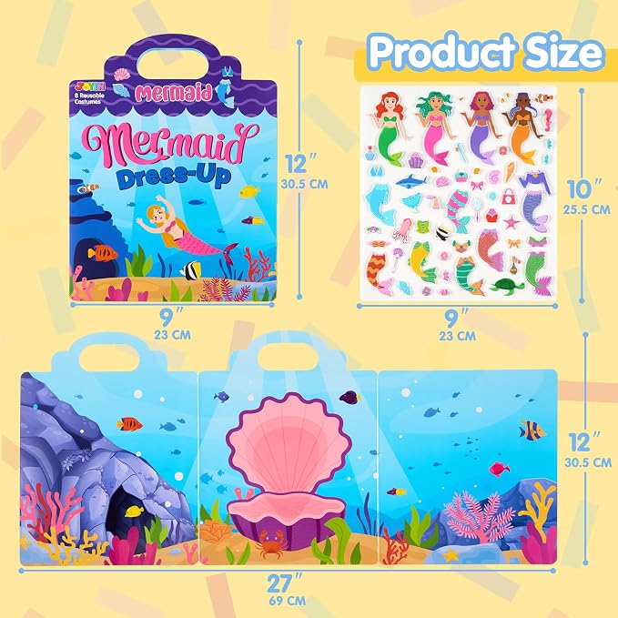 JOYIN Mermaid Dress-Up Reusable Sticker Book for Toddlers, 3D Sticker Book for Kids 3 4 5, Travel Essentials, Airplane Activity Toys, Crafts Gifts, Birthday Gifts