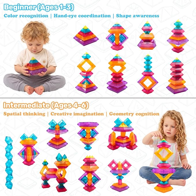 32-Piece Building Blocks, Sensory Pyramid Stacking Toys for Kids Ages 3+ | STEM & Montessori Preschool Toys, Light Table Compatible Building Set - Ideal Gift for Boys & Girls Ages 3 4 5 6