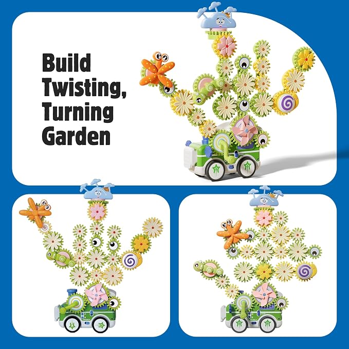 4 in 1 STEM Gear Toys for Kids Ages 3+, Educational Building Blocks, 61Pcs | Flower Construction Kits, Musical Electric Train Sets, Toddler Learning Toys with Light, Boys and Girls Gifts