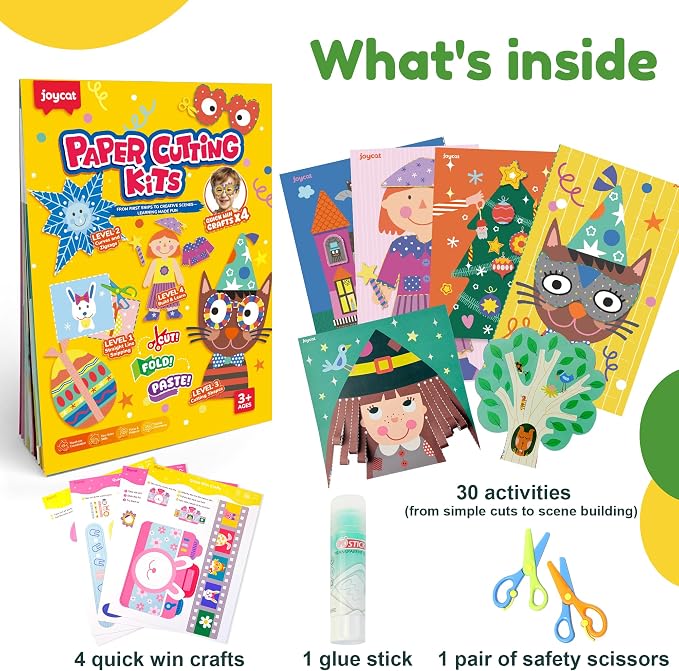 JoyCat Scissor Skills Activity Kit, Toddler Scissors Ages 3-5, Holiday | Preschool workbook with 34 holiday activities, scissors for kids and glue for festive toddler crafts across 4 skill levels.