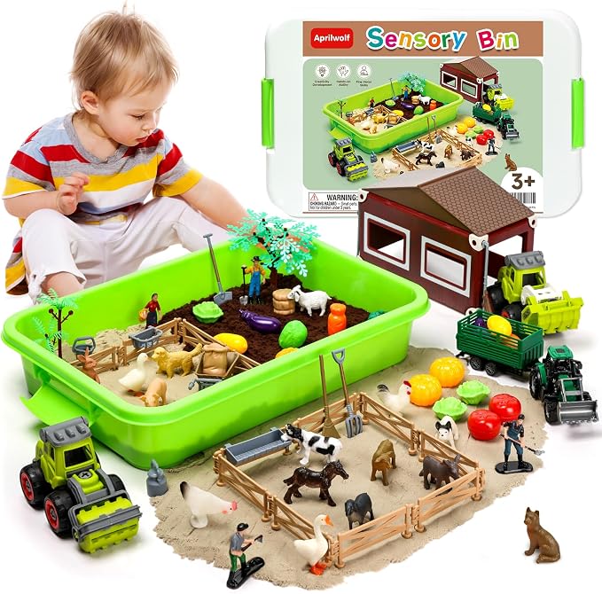 Aprilwolf 69 PCS Farm Sensory Bin Toys Playset, Sandboxes with Sand | Farmer Tractor & Farm Animals Figures Toys for Kids 3 4 5, Gifts for 6 7 8 Years Old Boys Girls