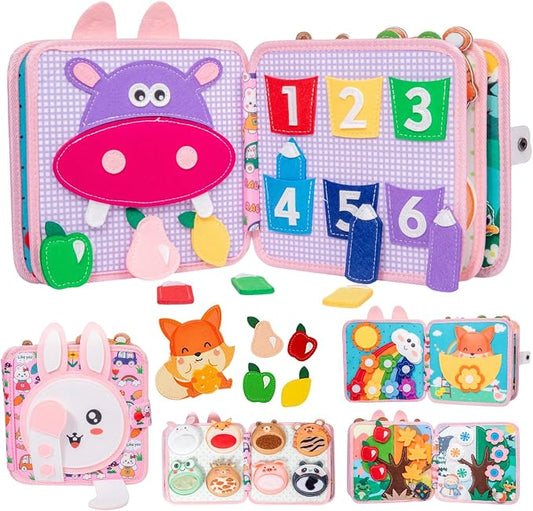 Bunny Montessori Busy Book for Toddlers 1-3- Preschool Felt Quiet Busy Book with Animal Sensory Mats- Early Learning Set for 1 2 3 Years Old Autism Sensory Toy-Airplane Travel Toy for Kids Girls Gifts