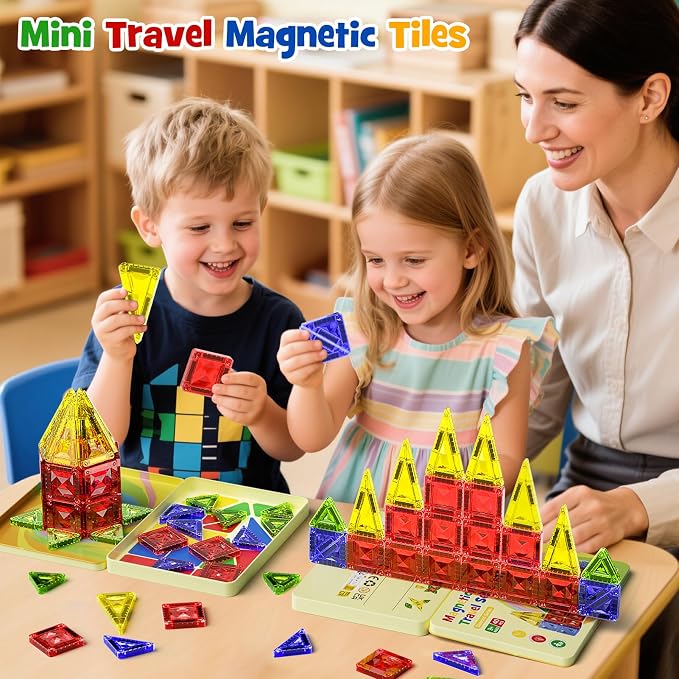 Mini Magnetic Tiles for Kids Travel: 40PCS Portable Building Blocks | Metal Storage Box & Visual Guide for 1-Minute Cleanup - Diamond Sparkle STEM Travel Toys for Toddlers Boys Girls Age 3-8