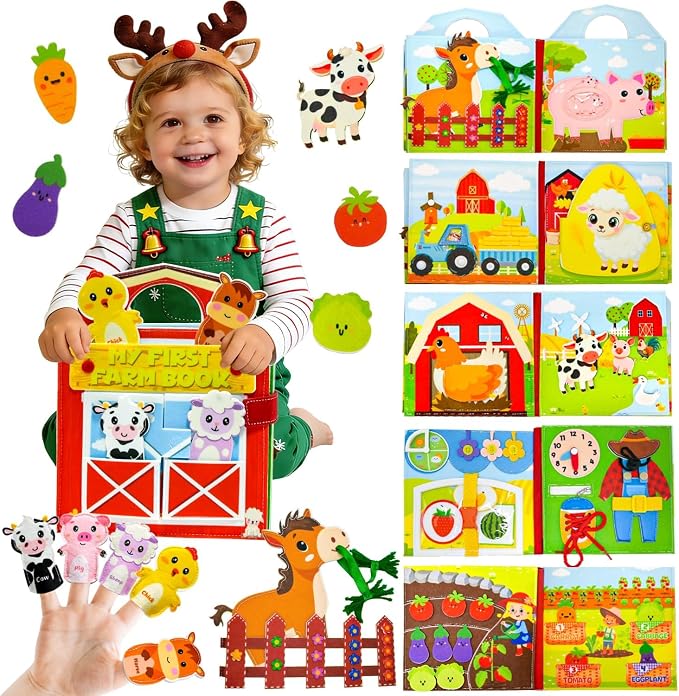 Farm Busy Book for Toddlers 1-3, Busy Board for 1 Year Old, Barn Animals Quiet Books with Finger Puppets, Portable Travel Learning Educational Montessori Toys for 1 Year Old Birthday Gifts Christmas