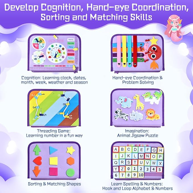 Esjay Busy Board Montessori Toys for Girls, Sensory Book Educational Activities Learning Fine Motor Skills, Birthday Gifts for Girls, Travel Toys for Airplane Car, Purple Multipages