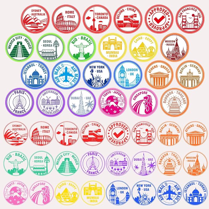 Cinrobiye 24 Pcs Adventure Travel Stampers Party Favor Set, Fun Bon Voyage Travel Stamps for Kids Birthday Party, Classroom Rewards, Carnival Prizes, Goody Bag Fillers, Travel Themed Party Supplies