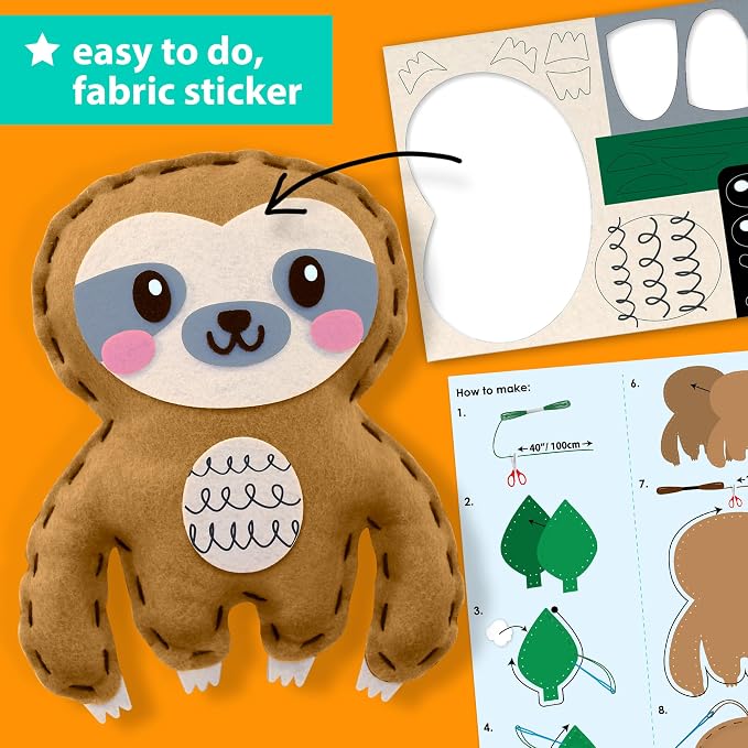 KRAFUN Beginner Sewing Kit, Sew Sloth & Leaf, Pre-Cut Felt, Kids Ages 5+ | Beginner Sewing Kit: Sew 2 Plushies, Sloth & Leaf. Pre-Cut, Pre-Punched Felt, No Scissors. Safe Plastic Needle for Kids
