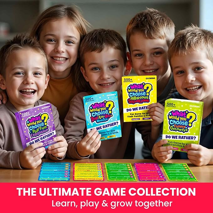 QUOKKA 4-Pack Card Game – 2000+ Hilarious Questions – Funny Family & Party Board Games for Kids, Teens, Adults – Travel, Pop Culture, Daily Life & Situations – What Would You Choose Challenges Ages 8+