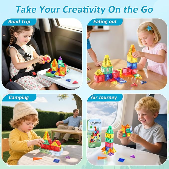 BENOKER Mini Magnetic Tiles Travel STEM Toy with Iron Box for Boys & Girls | Creative magnetic building tiles, open-ended educational STEM toy, great birthday gift for toddler boys and girls